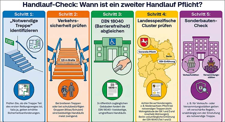 Infografik: Fünfstufiger Prozess zur Prüfung, wann ein zweiter Treppenhandlauf erforderlich ist.  