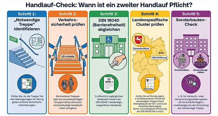 Infografik: Fünfstufiger Prozess zur Prüfung, wann ein zweiter Treppenhandlauf erforderlich ist.  