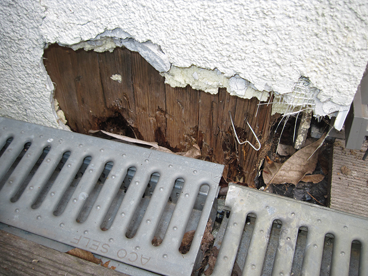 Feuchteschäden am Sockel eines nicht unterkellerten Holzhauses