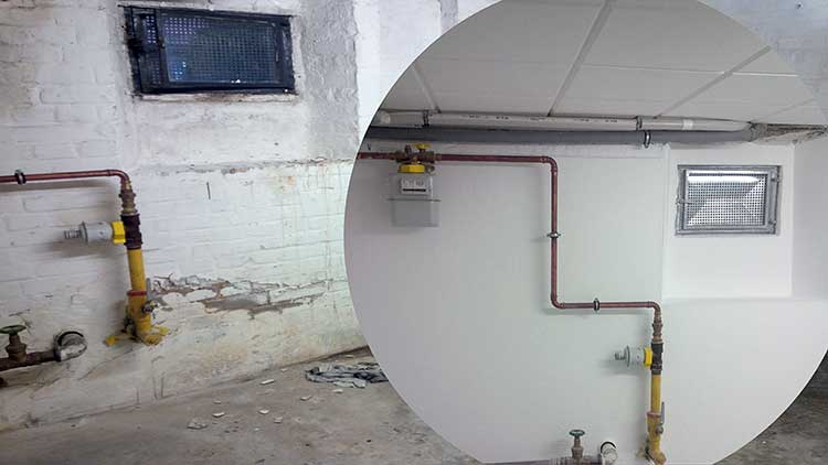 Vergleichsbild unsanierter und sanierter Kellerraum. Links: unsanierter Zustand ohne Innenabdichtung, rechts: renovierter Raum mit Innenabdichtung 