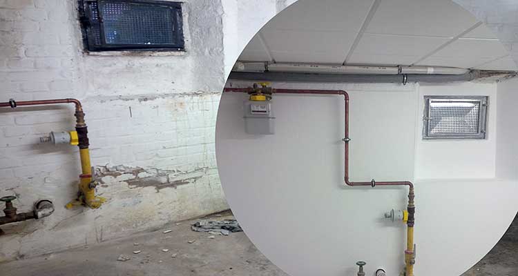 Vergleichsbild unsanierter und sanierter Kellerraum. Links: unsanierter Zustand ohne Innenabdichtung, rechts: renovierter Raum mit Innenabdichtung 