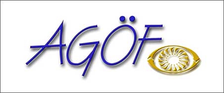Logo mit blauem Schriftzug „AGÖF“ und stilisiertem goldenem Auge mit strahlenförmigem Muster rechts daneben 