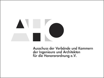 Logo mit geometrischen Formen und dem Text: „Ausschuss der Verbände und Kammern der Ingenieure und Architekten für die Honorarordnung e.V.“ 