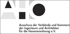 Logo mit geometrischen Formen und dem Text: „Ausschuss der Verbände und Kammern der Ingenieure und Architekten für die Honorarordnung e.V.“ 
