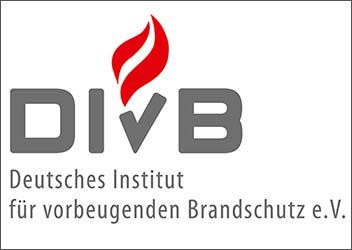 Logo: Schriftzug „DIvB“ in grauen Großbuchstaben mit einer stilisierten roten Flamme über dem „v“. Darunter in kleineren grauen Buchstaben der Text „Deutsches Institut für vorbeugenden Brandschutz e.V.“. 