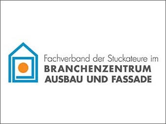 Logo des Fachverbands der Stuckateure im Branchenzentrum Ausbau und Fassade: Stilisiertes Haus aus blauen Linien mit einem orangefarbenen Kreis in der Mitte. 