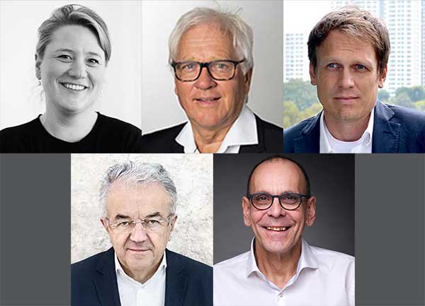 Montage Gründerin und Gründer der »Initiative Praxispfad CO<sub>2</sub>-Reduktion im Gebäudesektor« (v.l.n.r.): Prof. Elisabeth Endres, Prof. Dr.-Ing. Manfred Norbert Fisch, Prof. Dirk Hebel, Prof. Dr. Dr. E.h. Dr. h.c. Werner Sobek, Prof. Dipl.-Ing. Dietmar Walberg (&copy; Porträt Werner Sobek: René Müller) 