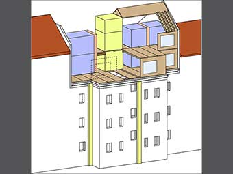 Grafische Darstellung von Modulen und Faltwerkträgern zur Aufstockung eines Gebäudes 