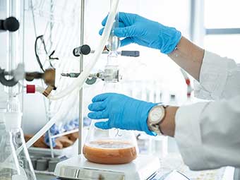 Laboraufnahme: Zwei Hände in blauen Schutzhandschuhen halten einen Glaskolben mit einer orangebraunen Flüssigkeit, der auf einer quadratischen Platte steht. Außerdem sind Schläuche und Gestelle zu sehen. 