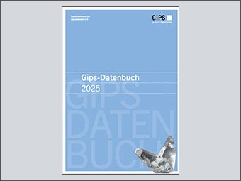 Titelseite des Gips-Datenbuchs 2025 des Bundesverbands der Gipsindustrie e. V. Hellblauer Hintergrund mit weißem Text. Am unteren rechten Rand ist ein Gipskristall abgebildet. 