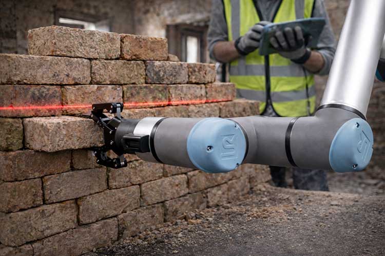 Ein Roboterarm hält einen Backstein, der halb in einer niedrigen Backsteinmauer steckt. 