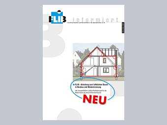 Titelblatt einer Informationsbroschüre des Fachverbands Luftdichtheit im Bauwesen (FLiB). Darauf eine schematische Darstellung eines Einfamilienhauses mit markierten Stellen (rote Kreise) zur Veranschaulichung von luftdichten Baukonzepten. 