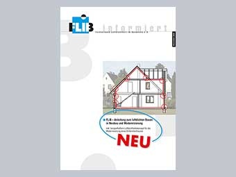Titelblatt einer Informationsbroschüre des Fachverbands Luftdichtheit im Bauwesen (FLiB). Darauf eine schematische Darstellung eines Einfamilienhauses mit markierten Stellen (rote Kreise) zur Veranschaulichung von luftdichten Baukonzepten. 