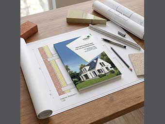 Foto: Hölzerner Arbeitstisch, auf dem aufgerollte architektonische Zeichnungen, der Ratgeber Außenwand sowie Stifte, ein Lineal und Muster für Baumaterialien liegen. 