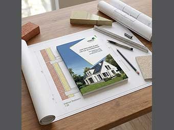 Foto: Hölzerner Arbeitstisch, auf dem aufgerollte architektonische Zeichnungen, der Ratgeber Außenwand sowie Stifte, ein Lineal und Muster für Baumaterialien liegen. 