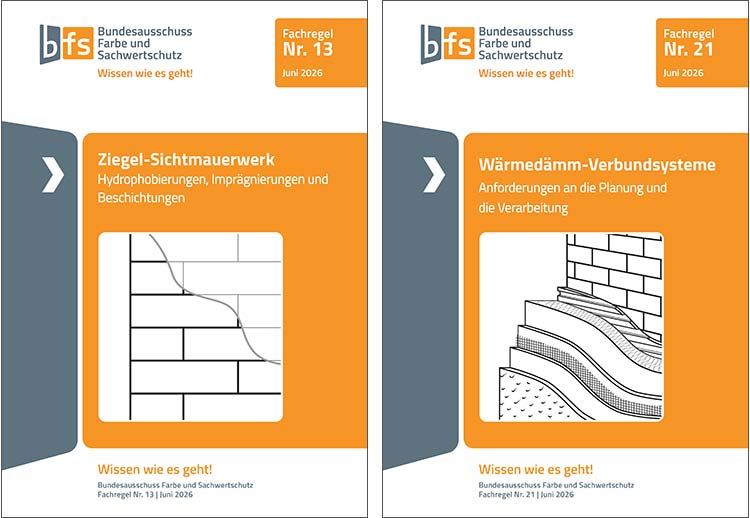 Bild, Textbild zweier Fachregel-Titelseiten des Bundesauschusses Farbe und Sachwertschutz. Links Fachregel Nr. 13 „Ziegel-Sichtmauerwerk – Hydrophobierungen, Imprägnierungen und Beschichtungen“, rechts Fachregel Nr. 21 „Wärmedämm-Verbundsysteme – Anforderungen an die Planung und die Verarbeitung“. 