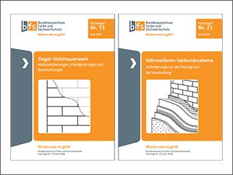 Bild, Textbild zweier Fachregel-Titelseiten des Bundesauschusses Farbe und Sachwertschutz. Links Fachregel Nr. 13 „Ziegel-Sichtmauerwerk – Hydrophobierungen, Imprägnierungen und Beschichtungen“, rechts Fachregel Nr. 21 „Wärmedämm-Verbundsysteme – Anforderungen an die Planung und die Verarbeitung“. 