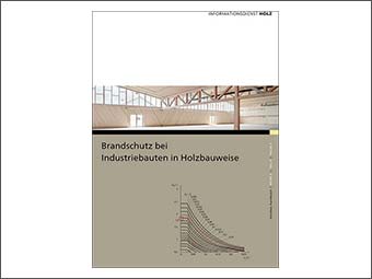 Titelseite einer Fachpublikation zum Thema Brandschutz bei Industriebauten in Holzbauweise. Oben Bild vom Innenraum einer Hallenkonstruktion mit Holztragwerk und großflächigen Fenstern, unten Titeltext und ein technisches Diagramm mit Kurvenschar zur Bewertung des Brandverhaltens von Bauteilen. 