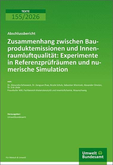 Grünes Titelblatt eines Abschlussberichts des Umweltbundesamts zu Bauproduktemissionen und Innenraumluftqualität, Reihe „Texte 155/2026“. 