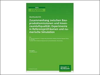 Grünes Titelblatt eines Abschlussberichts des Umweltbundesamts zu Bauproduktemissionen und Innenraumluftqualität, Reihe „Texte 155/2026“. 