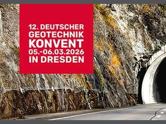 Steile Felswand mit Sicherungsnetz, rechts ein Tunnel mit Straßenverlauf. Rotes Textfeld mit weißer Schrift mit Hinweis auf den 12. Deutschen Geotechnik-Konvent. 