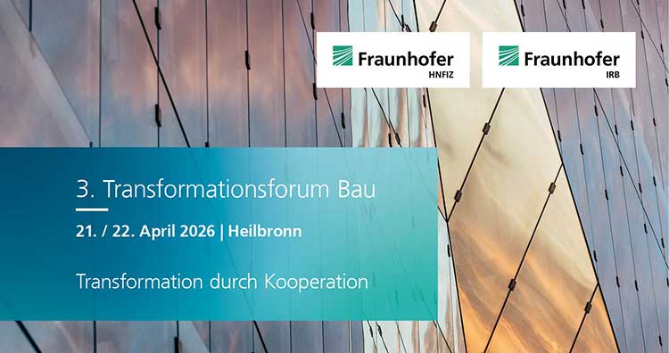 Collage: Ankündigung für das 3. Transformationsforum Bau. Der Slogan lautet »Transformation durch Kooperation«. Der Hintergrund zeigt eine moderne Glasfassade im Sonnenlicht. 