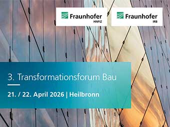 Collage: Ankündigung für das 3. Transformationsforum Bau. Der Slogan lautet »Transformation durch Kooperation«. Der Hintergrund zeigt eine moderne Glasfassade im Sonnenlicht. 