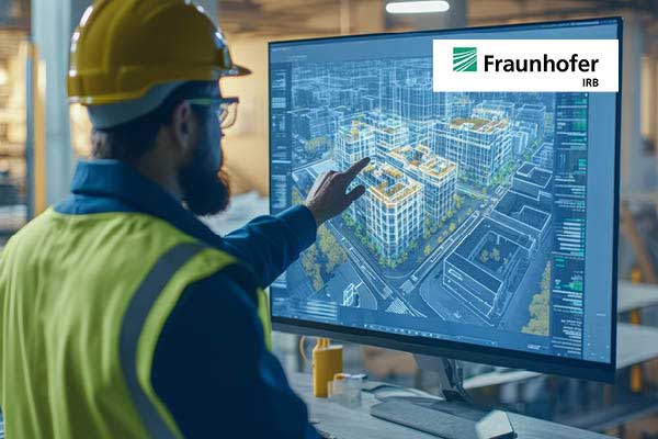 Fotomontage: Eine Person in Schutzkleidung steht vor einem großen Monitor, auf dem eine digitale 3-D-Architekturvisualisierung mehrerer Gebäudekomplexe mit Straßen zu sehen ist. 