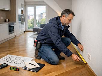 Eine Person kniet auf einem Holzfußboden in einer Wohnung und führt eine Messung mit einem Metermaß durch. Links im Hintergrund ist eine moderne Küchenzeile zu sehen. 